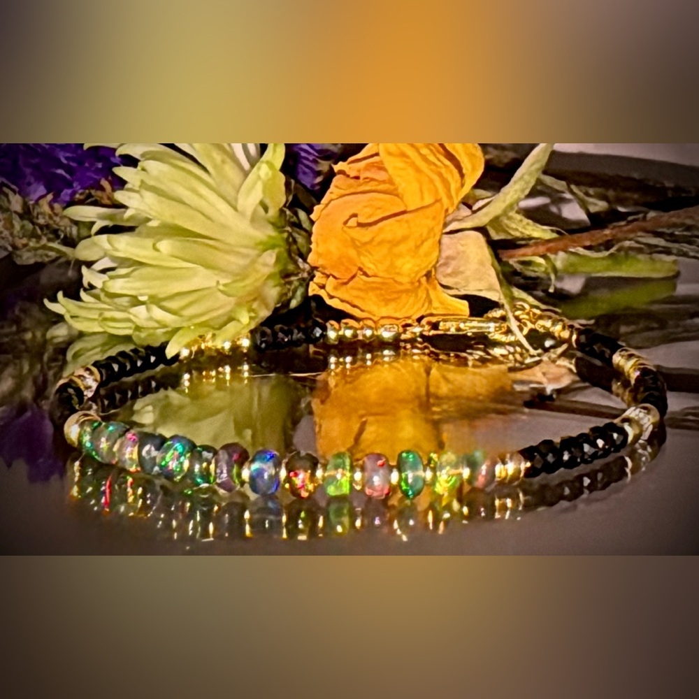 Black Welo Opal •Black Faceted Spinel• 14kt Gold Vermeil Gemstone Bracelet - Picture 6 of 7